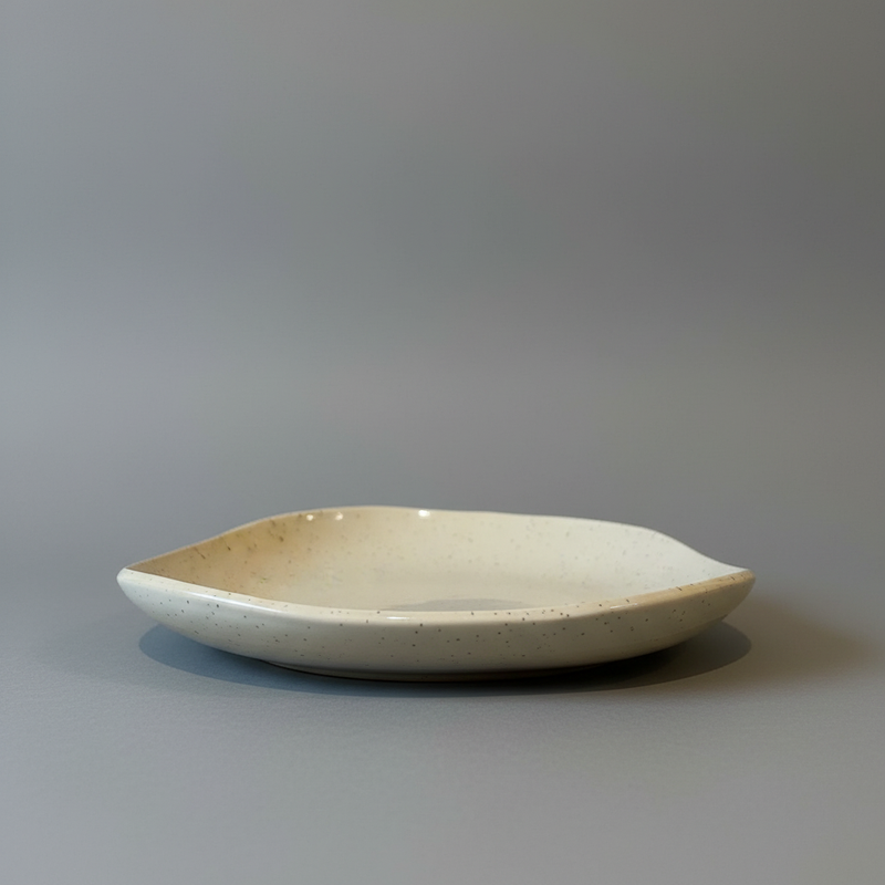 Beige speckled ceramic bowl studio shot