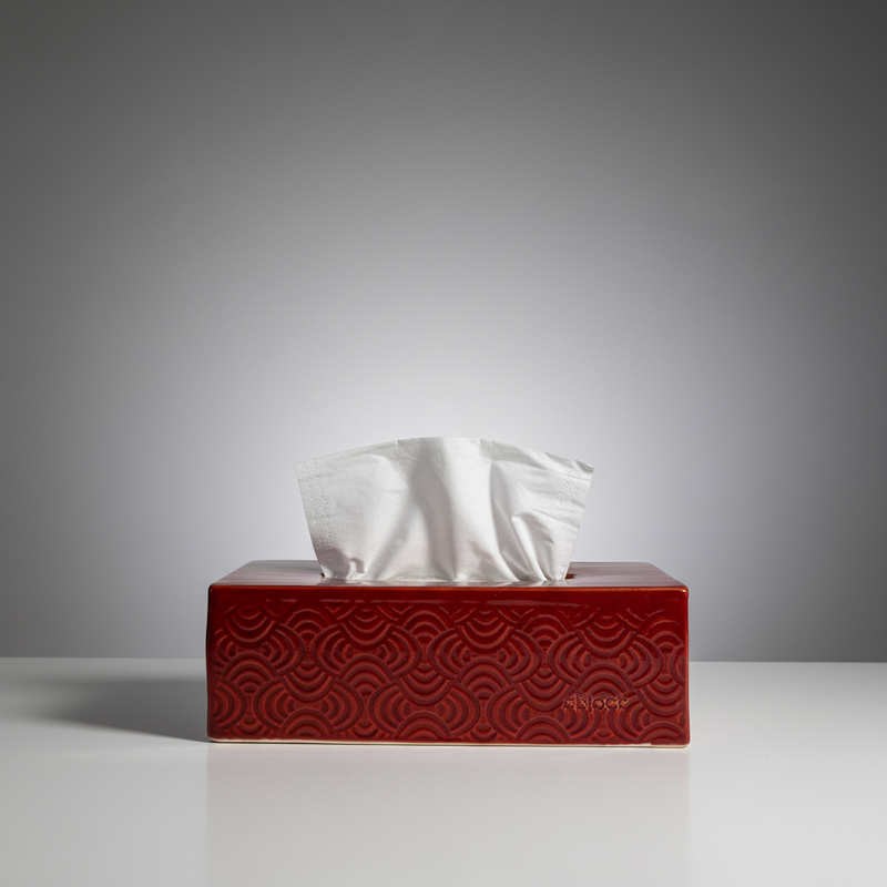 Red tissue holder studio image